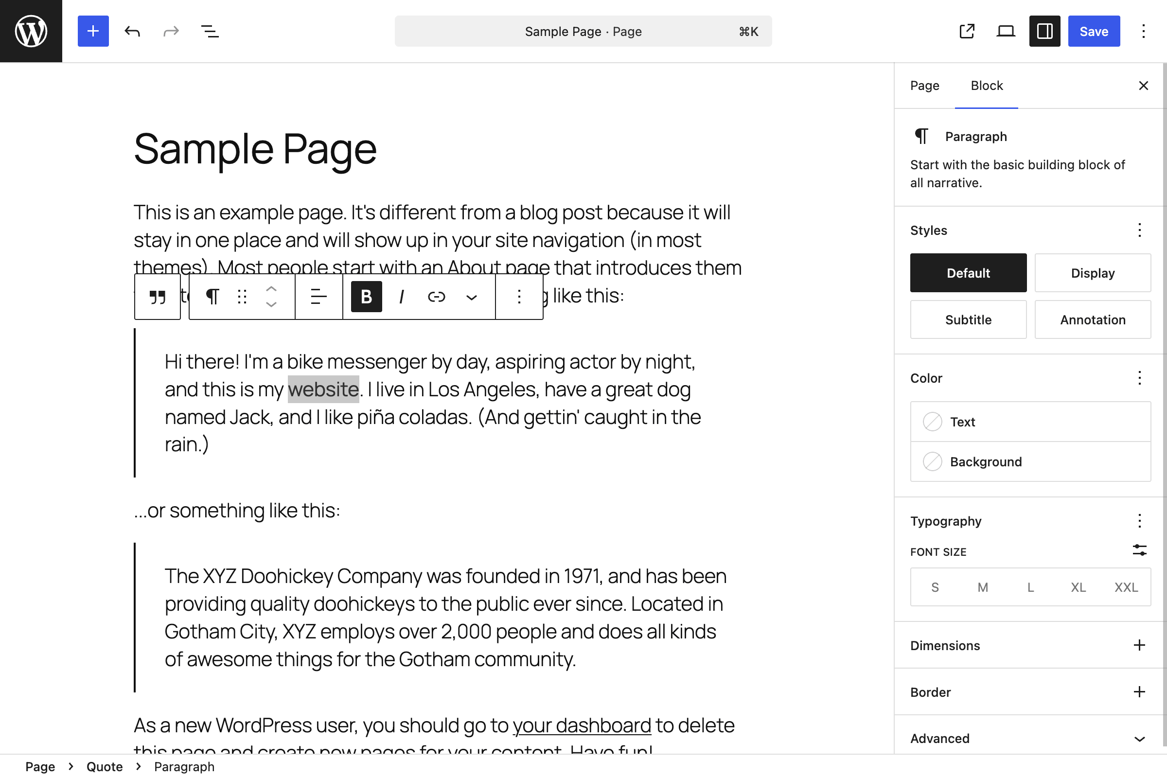 WordPress 7 block editor with a Paragraph block selected: its toolbar floats above the text, its settings are in the right sidebar, and the breadcrumb at the bottom shows where it sits on the page