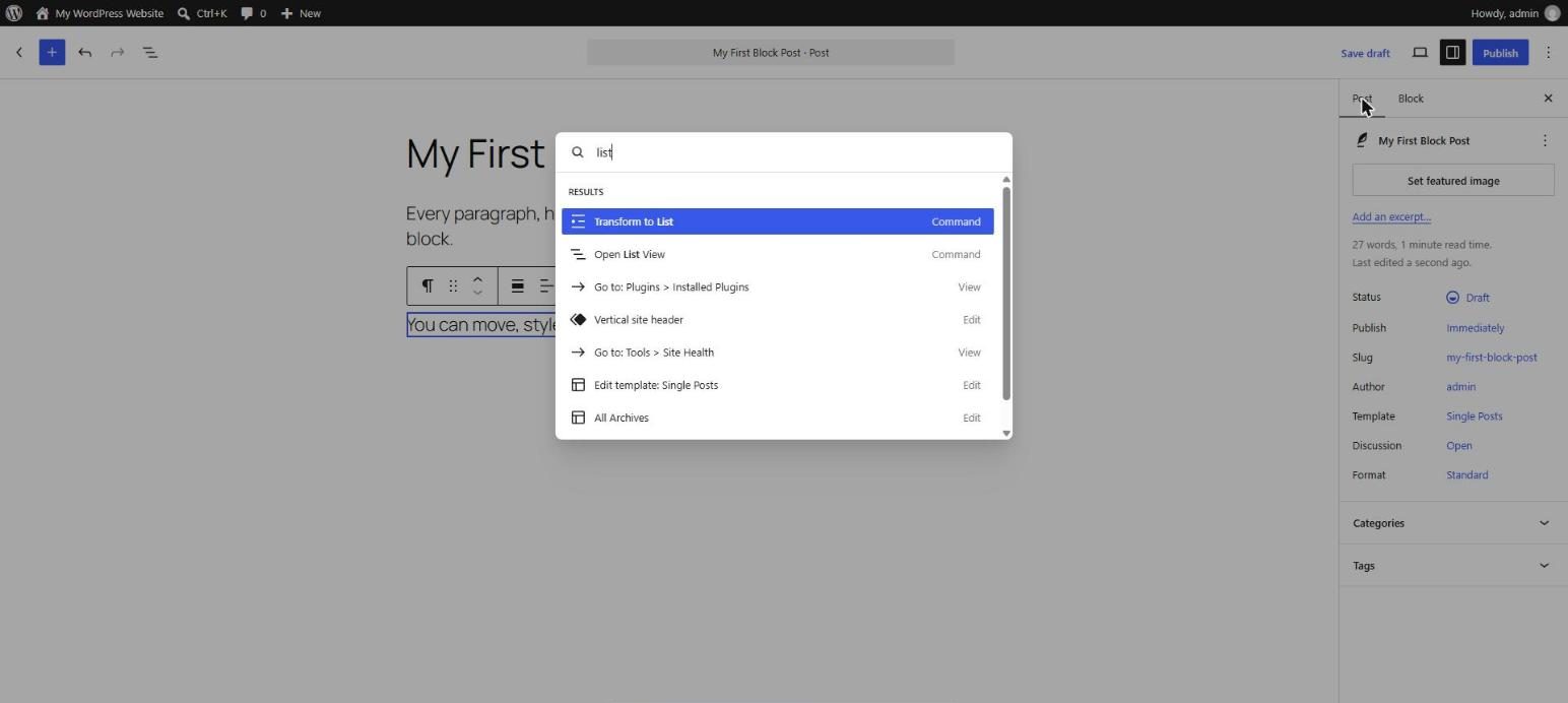 WordPress Command Palette open in the middle of the editor with the word list typed and matching commands shown
