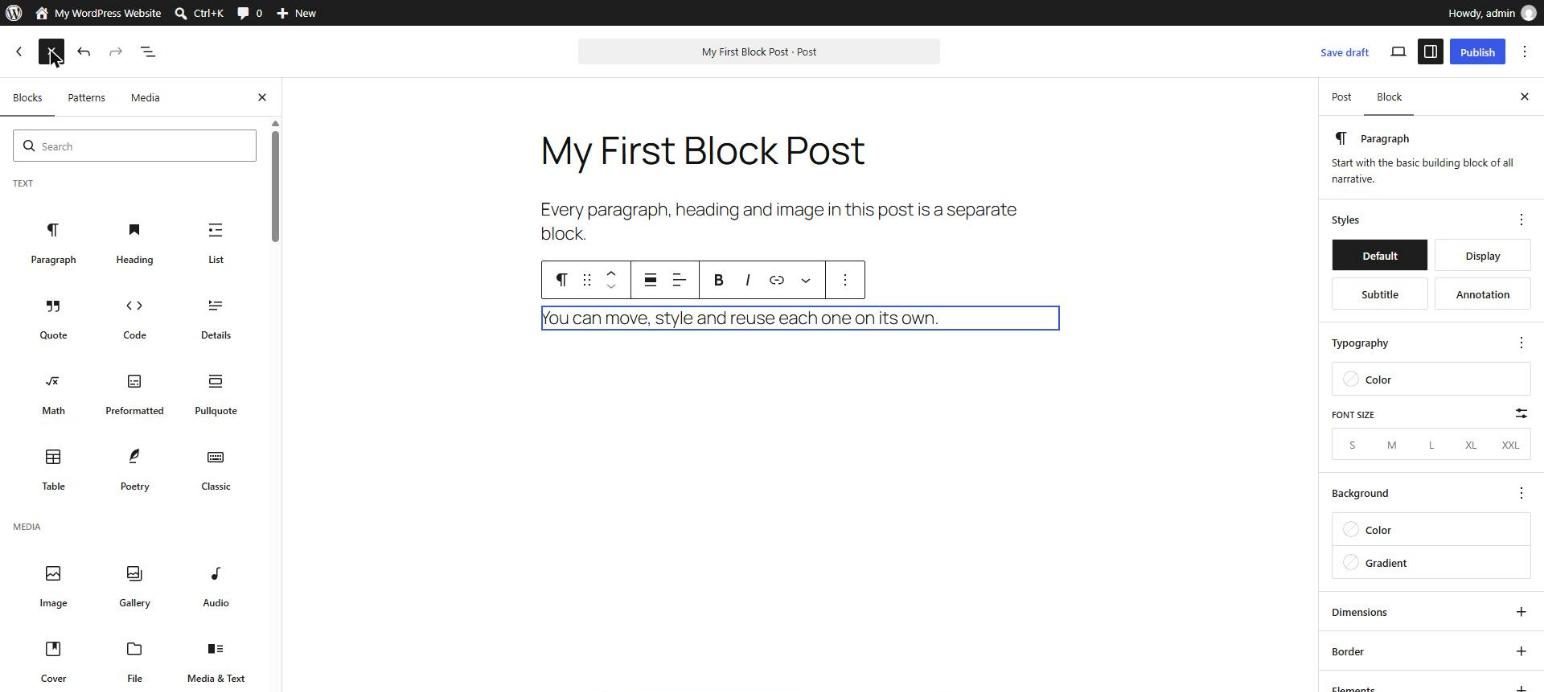 WordPress block inserter panel open on the left, listing Paragraph, Heading, List, Quote and other blocks with a search box