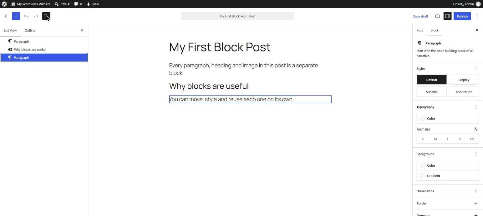 WordPress Document Overview open on the left showing a List View of one Paragraph, one H2 heading and a second Paragraph