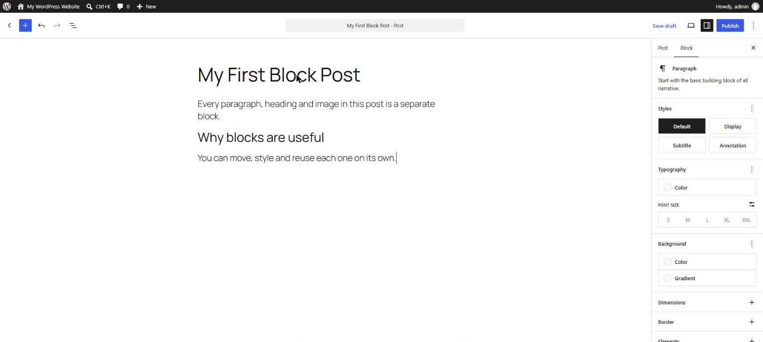 WordPress block editor with a Paragraph block selected and its settings shown in the right sidebar