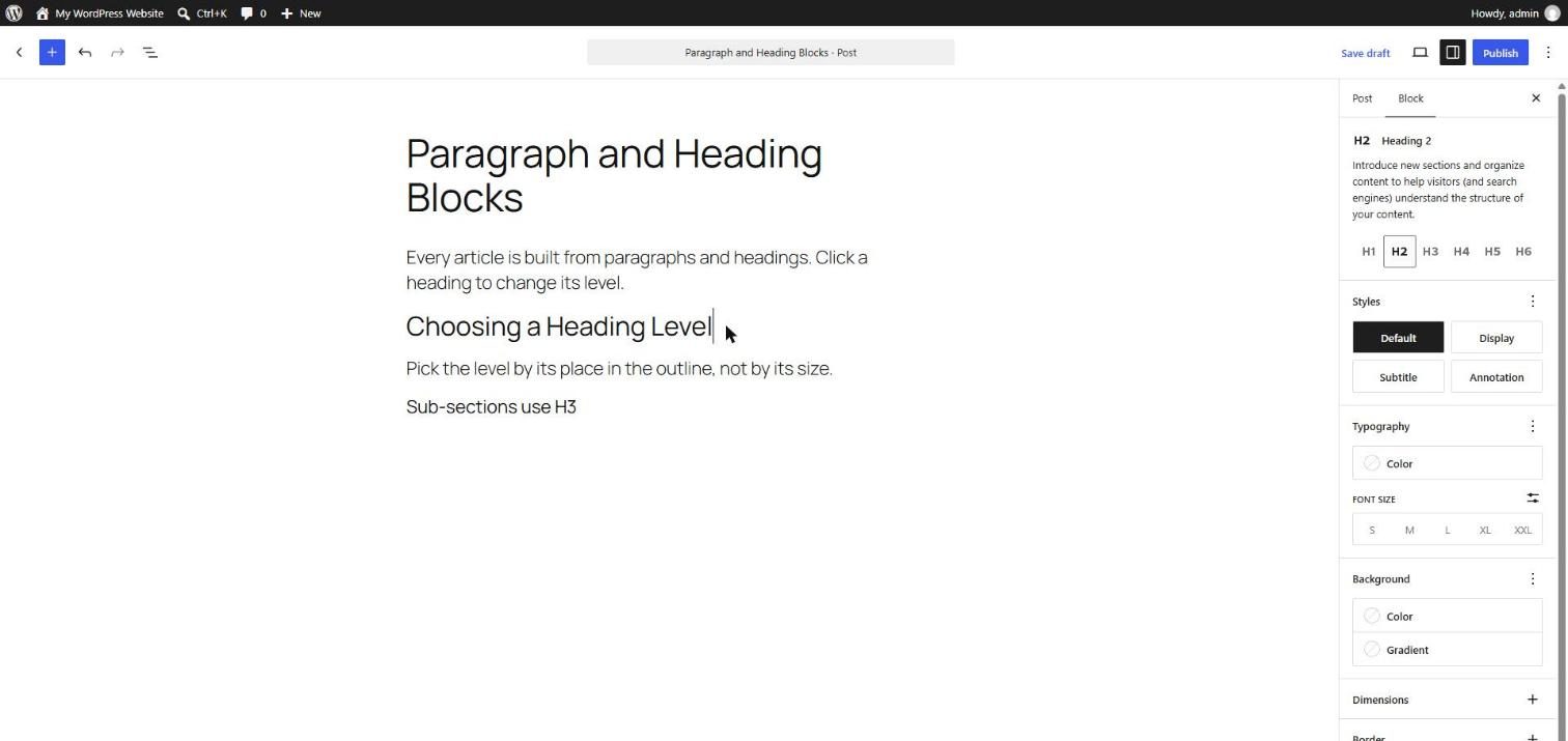 WordPress editor with an H2 Heading block selected and the heading level buttons H1 to H6 shown at the top of the right sidebar
