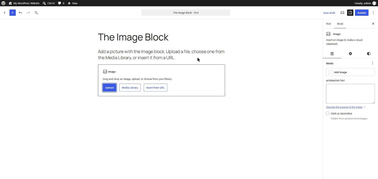 WordPress Image block placeholder with Upload, Media Library and Insert from URL buttons, and the sidebar showing the Alternative text box and a Mark as decorative checkbox