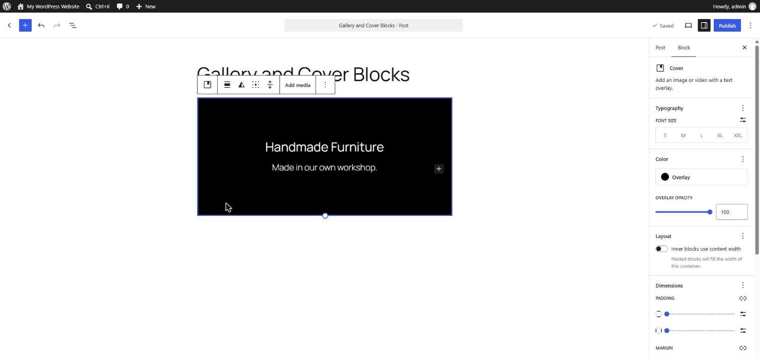 WordPress Cover block with a black overlay, a centered heading and paragraph on top, and the sidebar showing Overlay color and Overlay opacity set to 100