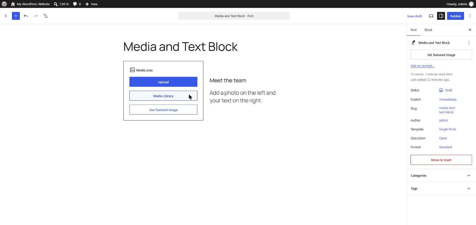 WordPress Media and Text block with a media area on the left offering Upload, Media Library and Use featured image, and a heading and paragraph on the right