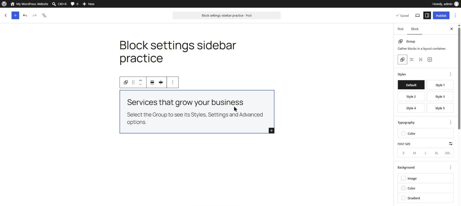 WordPress editor with a Group block selected and the Block tab of the sidebar showing the Styles, Typography, Background and Layout panels