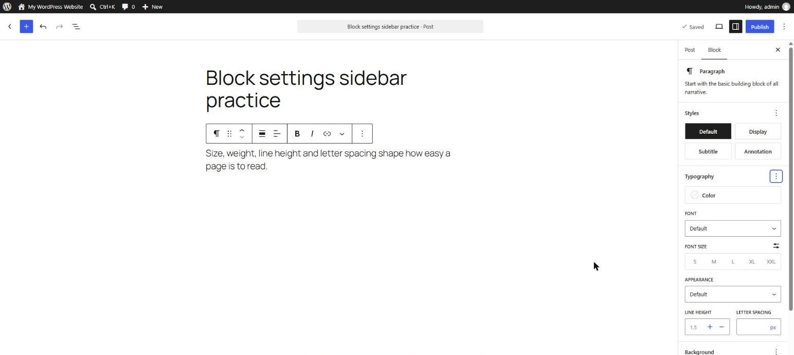 WordPress Paragraph block selected with the Typography panel in the sidebar showing Font, Font size, Appearance, Line height and Letter spacing controls