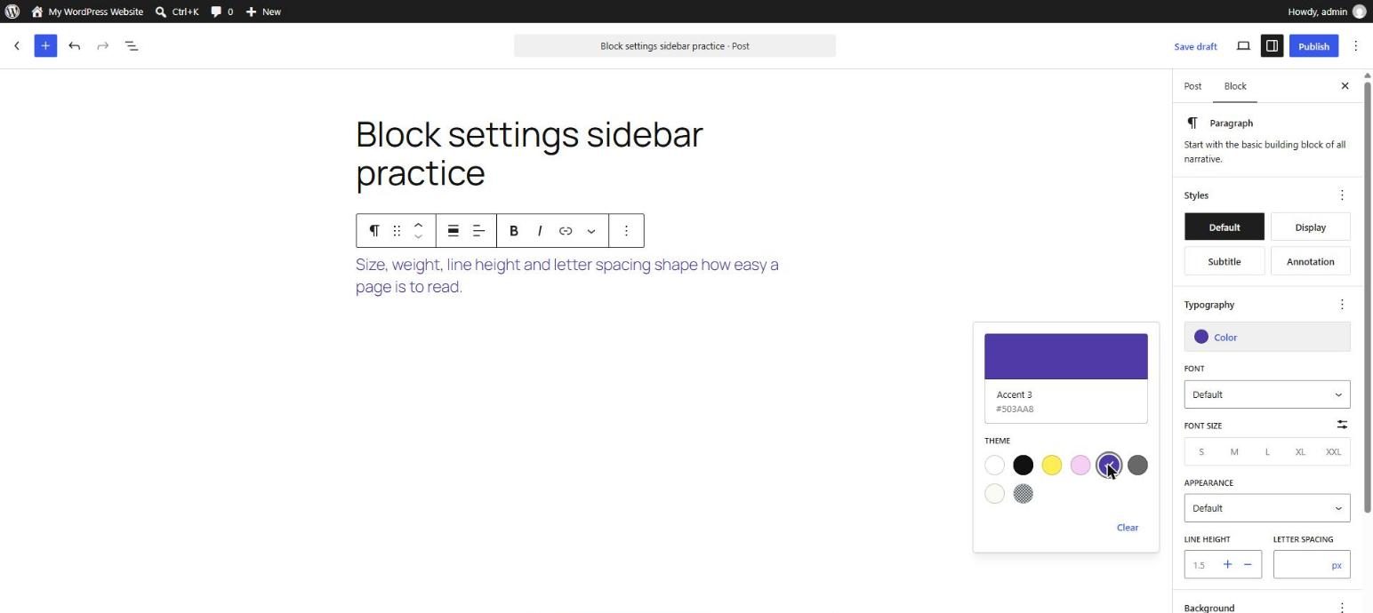WordPress Paragraph block with purple text and the color picker open showing the theme palette swatches and the selected color name and hex value