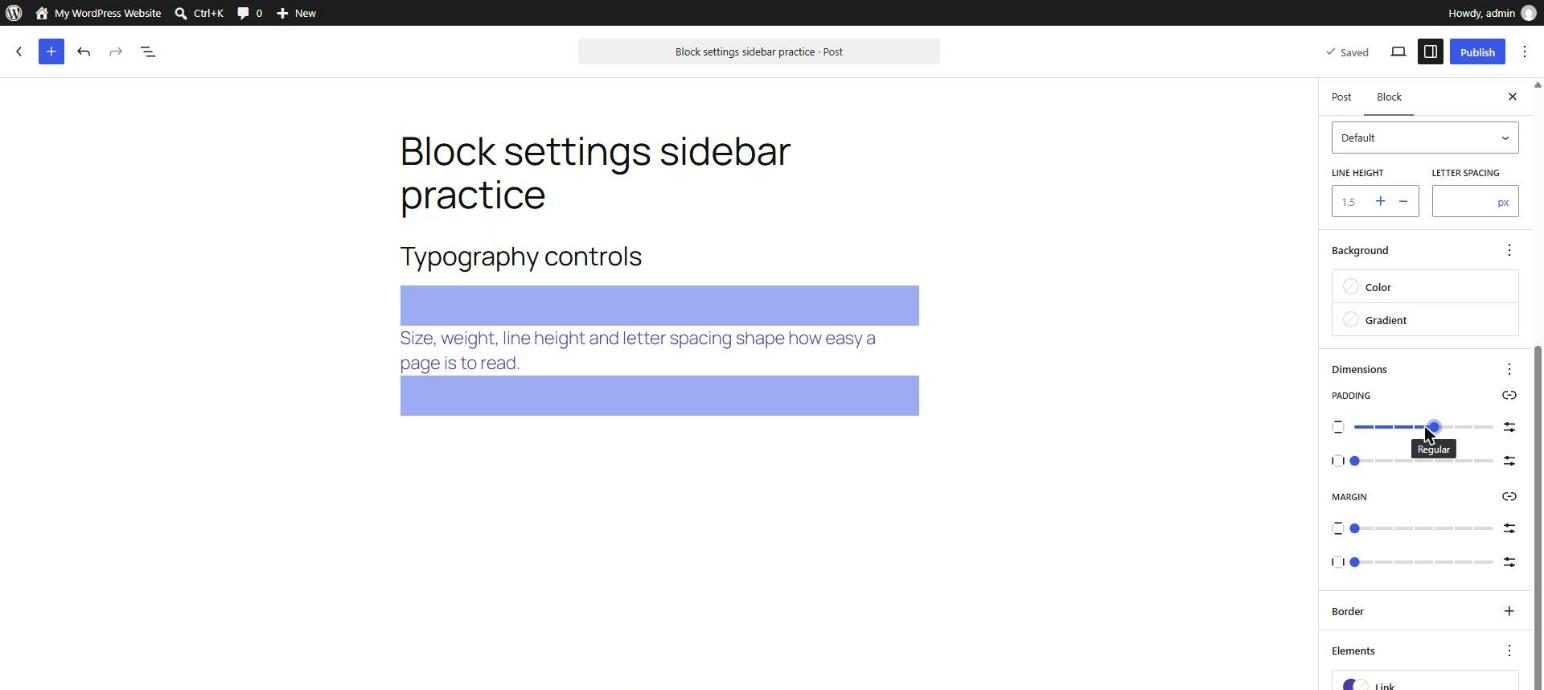 WordPress Paragraph block with padding added and highlighted in blue on the canvas, and the Dimensions panel showing Padding and Margin sliders