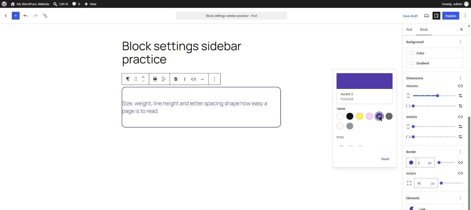 WordPress Paragraph block with a rounded purple border on the canvas and the Border and Radius controls set to 2 pixels and 16 pixels in the sidebar