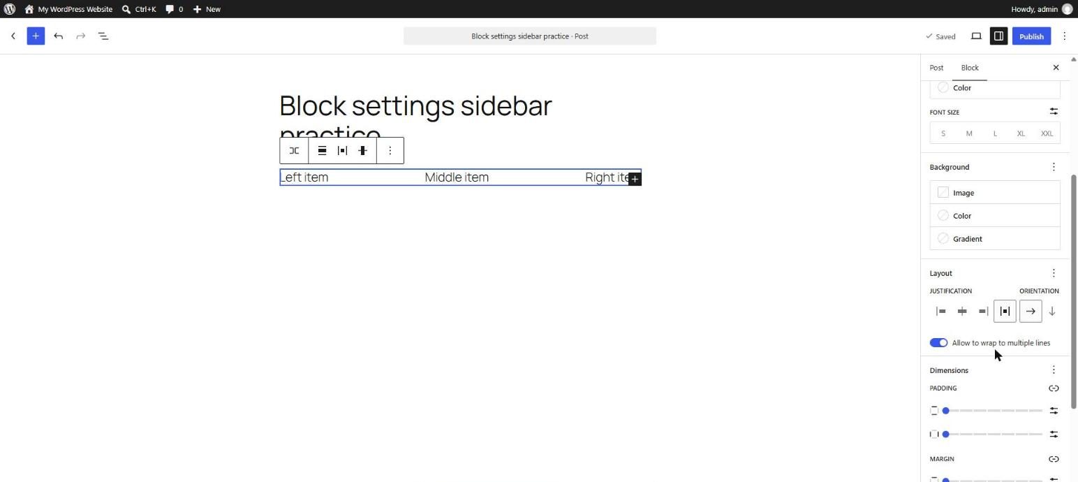 WordPress Row block with three items spread across the row and the Layout panel showing Justification, Orientation and Allow to wrap to multiple lines