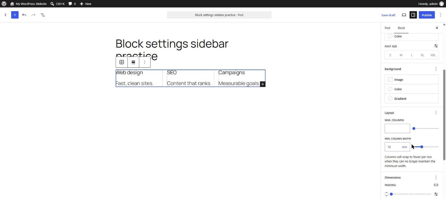 WordPress Grid block with three cards side by side and the Layout panel showing Max columns and Min column width set to 12 rem