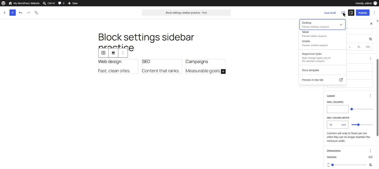 WordPress editor with the Preview menu open showing the Desktop, Tablet and Mobile viewport options