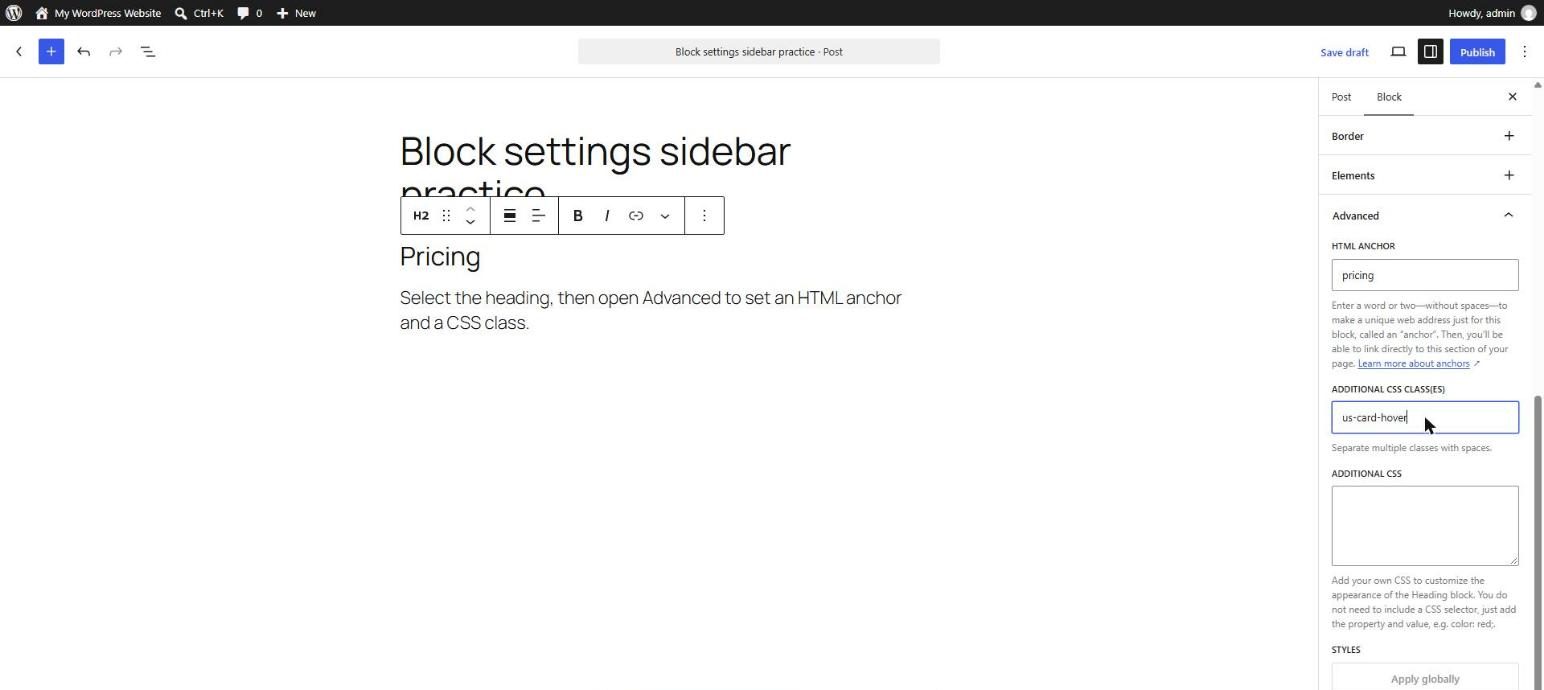 WordPress Heading block selected with the Advanced panel open, showing an HTML anchor named pricing and an additional CSS class