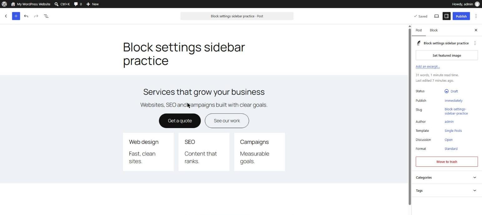 WordPress landing section with a centered heading, intro text, two buttons and a grid of three white service cards on a light gray full width band